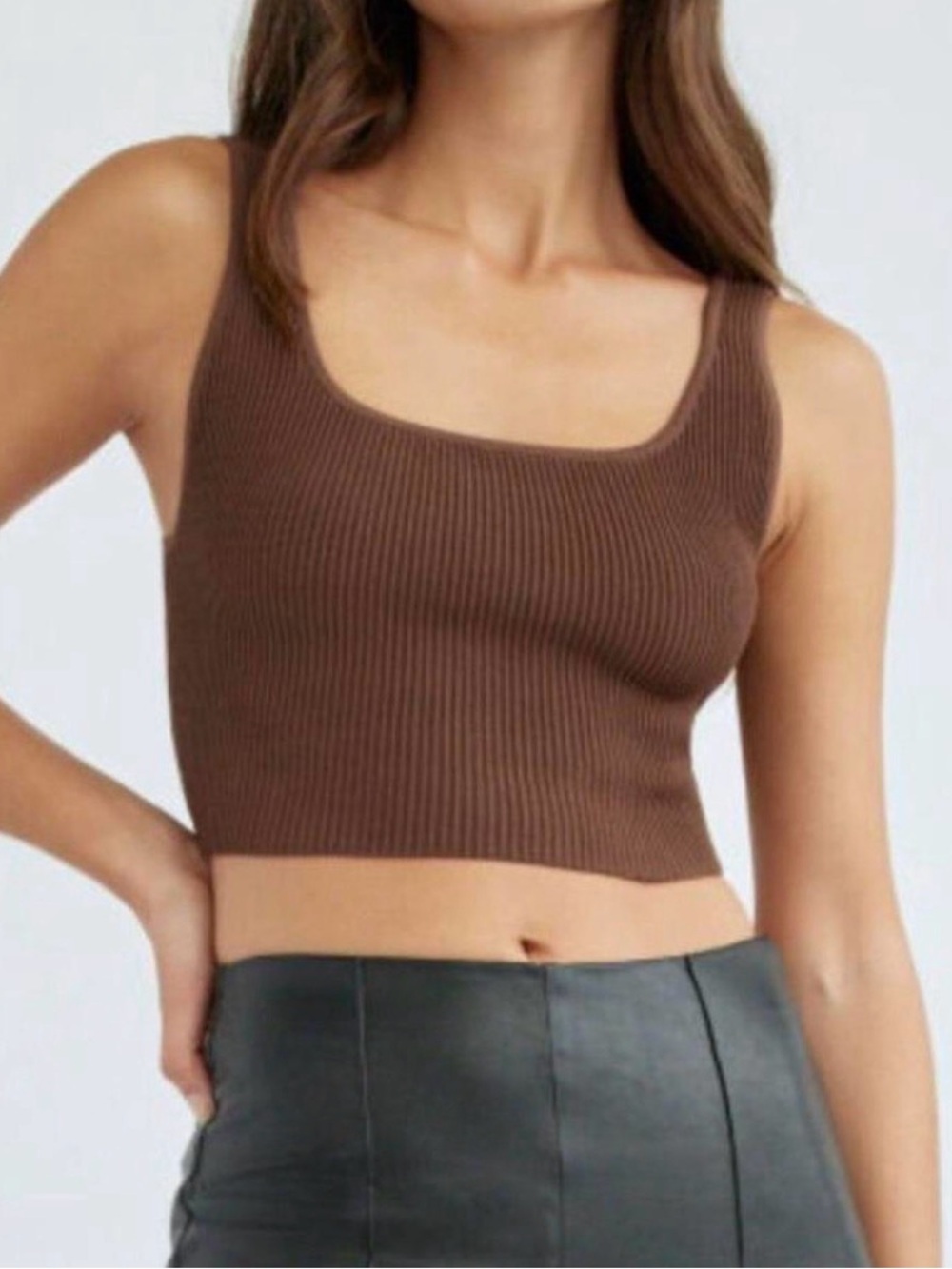 Aritzia Brown Ribbed Square-Neck Crop Tank